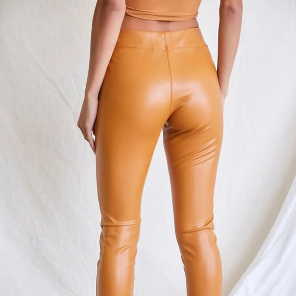 Faux Leather  Ankle Pants Med Coated Camel Brown Straight Skinny Stretch - Picture 3 of 12